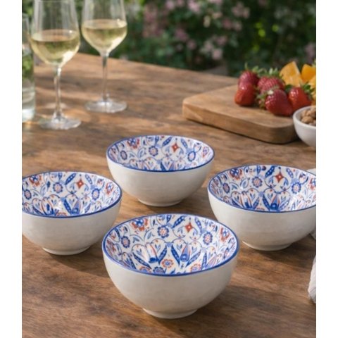Jogo 4 Bowls Porcelana Estampada Boho Mediterrâneo com Caixa Presente Premium