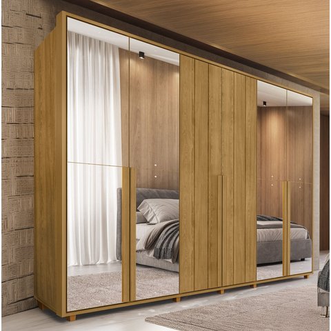 Guarda-Roupa Casal 6 Portas 100% MDF com Espelhos e Pés Volpi Marrom/Cumaru