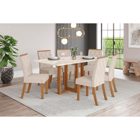 Conjunto: Mesa de Cozinha Natalí C/ Tampo Madeirado C/ Vidro Reto 160x90cm e 6 Cadeiras Vita Nature