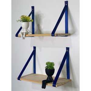 Kit 3 Prateleiras de Pinus - Alça de Couro 40 X19cm:azul