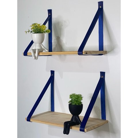 Kit 3 Prateleiras de Pinus - Alça de Couro 40 X19cm:azul