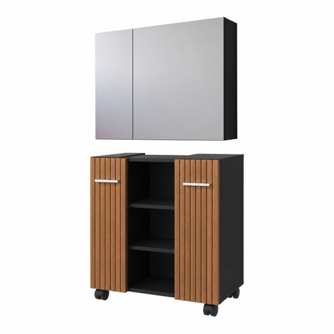 Conjunto Gabinete de Banheiro Premium e Armário Espelhado Klein - Preto Ripado
