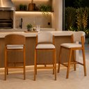 Ver imagem 1 de Kit 3 Banquetas Alta Madeira Maciça Encosto Estofado Linho Bancada Área Gourmet Movellu Home