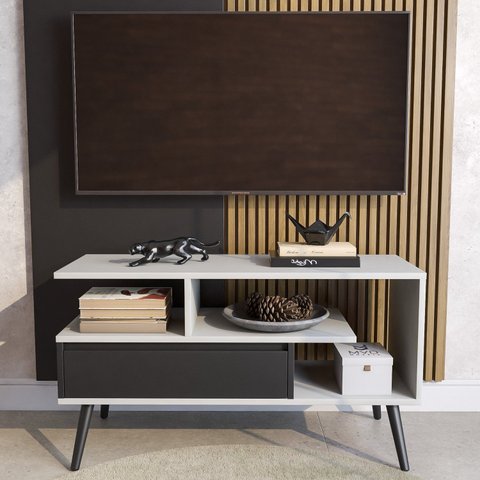 Rack Aparador Estante para Tv 55 Polegadas 50cmx90cm com Porta Nicho Prateleira Pés Palito Retro