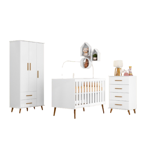 Quarto Infantil Retro Completo Lunare Guarda Roupa 3 Portas Comoda 4 Gavetas e Berço Branco - Mobili