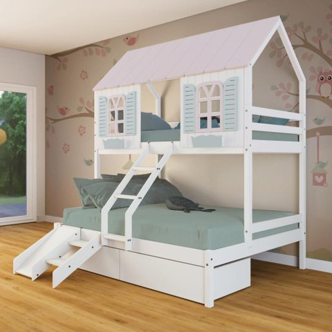 Beliche Casal/ Solteiro Casinha Bela 02 Gavetas Kit Escada/escorregador - Madeira Maciça Branco/