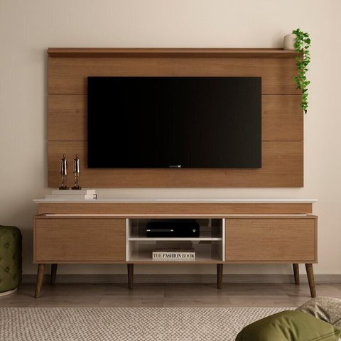 Rack com Painel para Tv até 60 Polegadas 164cmx180cm em Madeira Maciç Marrom Cinamomo/Off White