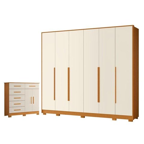 Guarda Roupa Casal Mercure 6 Portas e Cômoda Xangai 06 Gavetas 02 Portas Cinamomo Off White - Mó