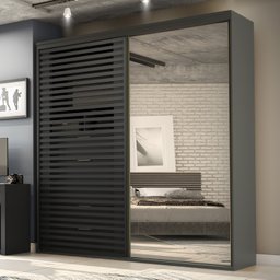 Guarda Roupa Ripado com Espelho Mdf 2 Portas 2,07m Autes Belmax:titânio/preto - 2