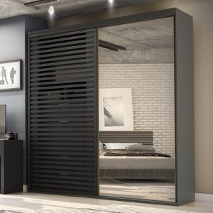 Guarda Roupa Ripado com Espelho Mdf 2 Portas 2,07m Autes Belmax:titânio/preto