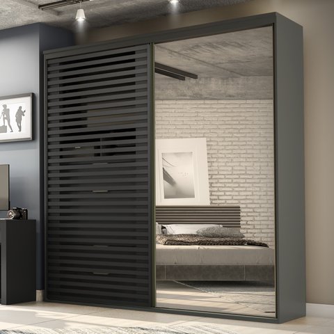 Guarda Roupa Ripado com Espelho Mdf 2 Portas 2,07m Autes Belmax:titânio/preto