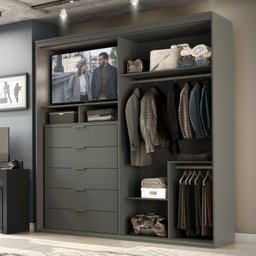 Guarda Roupa Ripado com Espelho Mdf 2 Portas 2,07m Autes Belmax:titânio/preto - 3