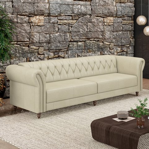 Sofá Living Sala de Estar Stanford Chesterfield 3 Lugares 240cm Pés de Madeira Couro Off White G58 -