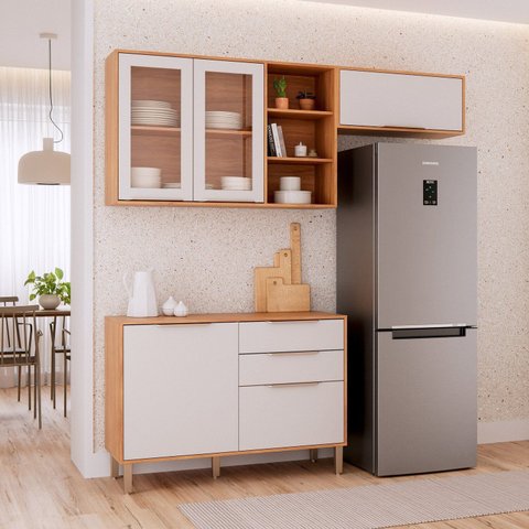 Cozinha Modulada 3 Peças Brilhante com 01 Balcão e 02 Armários Aéreos Bege/Cinamomo/Off White