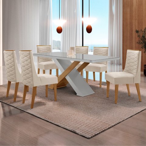 Mesa para Sala de Jantar Carol 180cm Mdf Canto Copo com Vidro e 6 Cadeiras Safira