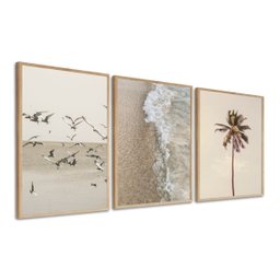 Kit 3 Quadros Decorativos Praia Mar Coqueiro Pássaros Boho Bege - 1