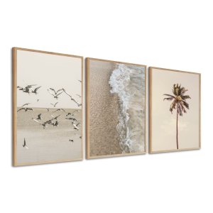 Kit 3 Quadros Decorativos Praia Mar Coqueiro Pássaros Boho Bege