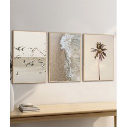 Kit 3 Quadros Decorativos Praia Mar Coqueiro Pássaros Boho Bege - 2