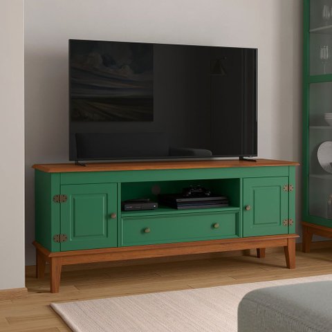 Rack para TV 65 Polegadas Madeira Maciça 2 Portas 1 Gaveta Rústico 149cm Verde - Apaixone & Decore