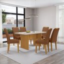 Ver imagem 1 de Mesa Cairo 160x90cm Tampo MDF e Vidro com 6 Cadeiras Evora Marrom/Nature/Off White