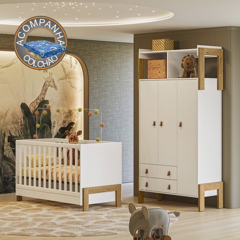 Quarto de Bebê com Roupeiro 4375 e Berço 4300 Branco Acetinado + Colchão Ortobom Patoti Móveis