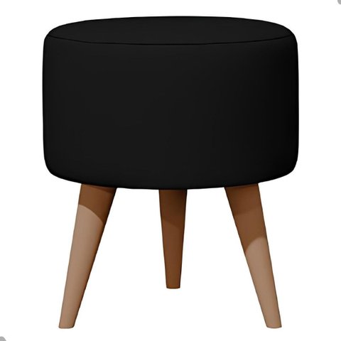 Puff Madri Banqueta Redonda em Linho Pés Eucalipto Pufe Sala:preto