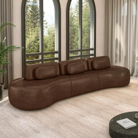 Sofá Sala de Estar Modulado França 326cm Encosto Articulável com Almofadas Pu Marrom G45 - Gran Belo