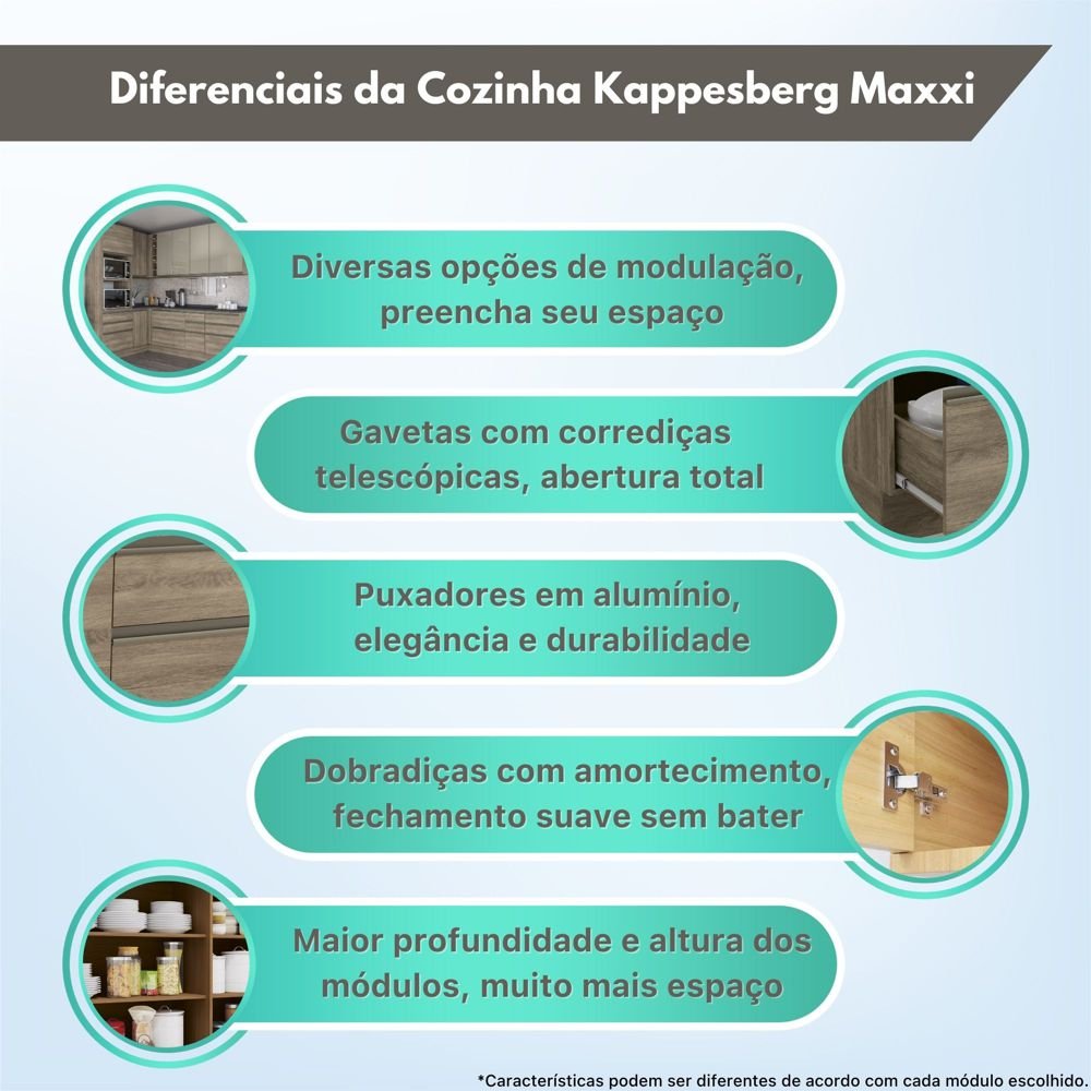 Cozinha Completa Planejada de Canto 2,08x2,39mt 12 Peças Linha Maxxi Cj14-137 Kappesberg - Nogal - 2