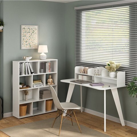 Conjunto Escrivaninha Sofia e Estante Book com Diversos Nichos Branco