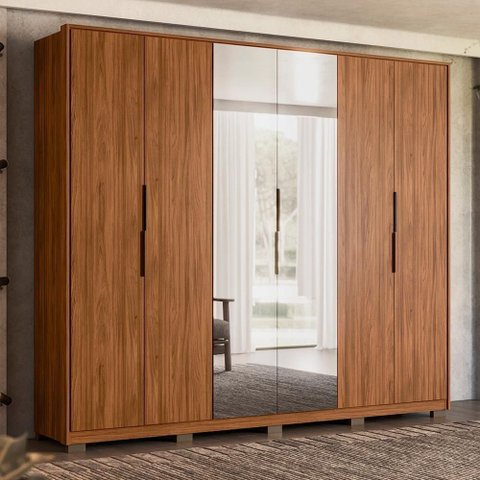 Guarda Roupa Casal Atrice 6 Portas Nogueira Touch com 2 Espelhos e Pés - Demartêz Nogueira Touch
