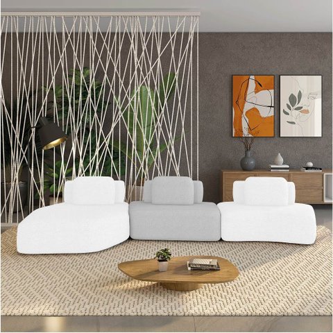 Sofá 3 Lugares Orgânico com Chaise e 2 Módulos Berlim Bouclê Off White/cinza Claro K01 - D’Rossi