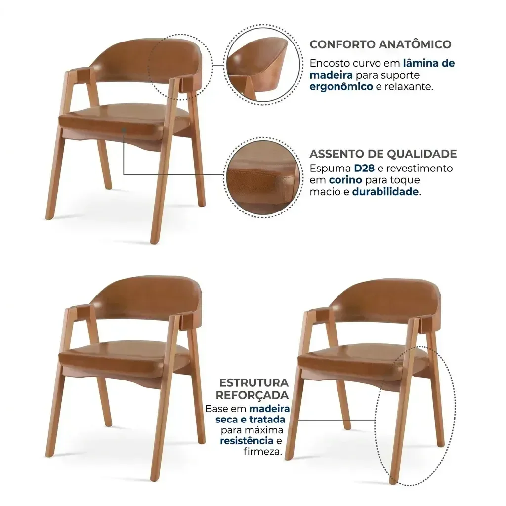 Ver imagem 5 de Kit 4 Cadeiras Estofadas para Mesa de Jantar Madeira Gaia Caramelo Yescasa