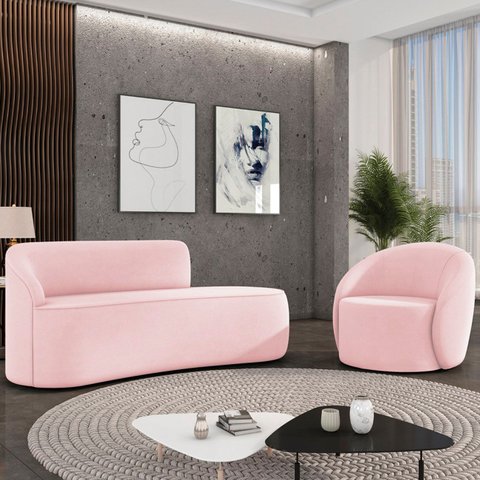 Sofá 2 Lugares 140cm Wendi e Poltrona Steve Suede Rosa Bebê I01 - Mpozenato