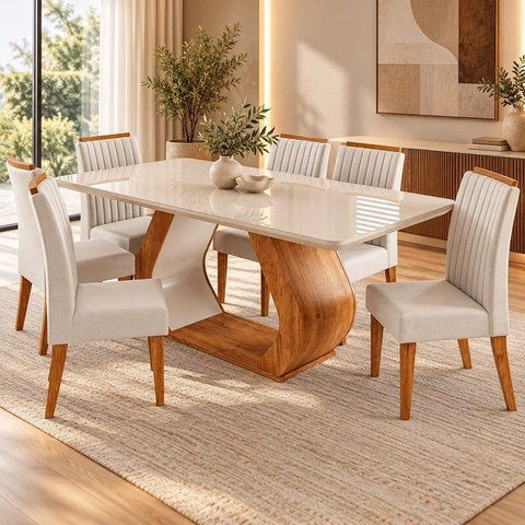 Conjunto Sala de Jantar 6 Lugares Retangular Tampo de Vidro e MDF Dai Yescasa Bege/Mel/Off White