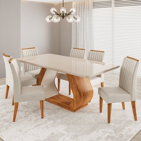 Conjunto Sala de Jantar 6 Lugares Retangular Tampo de Vidro e MDF Dai Yescasa Bege/Mel/Off White