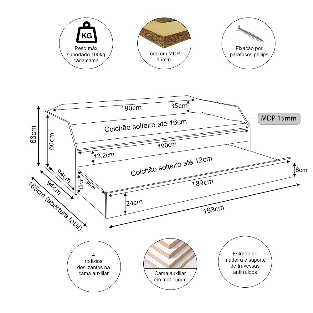 Bicama Solteiro Duo com Cama Auxiliar em Mdf Premium Branco - 6