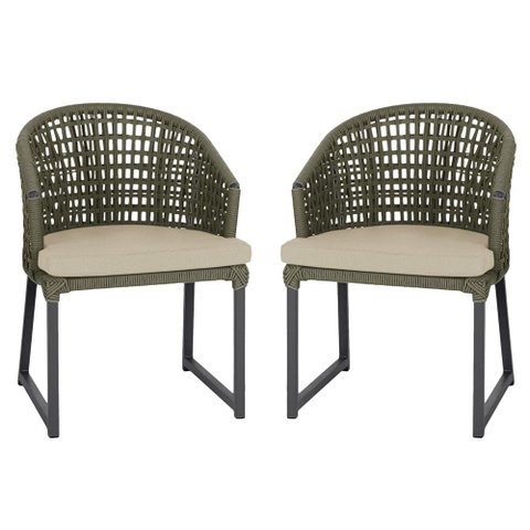 2 Cadeira Noronha Aluminio Micro Pintura Preta, Tr. Telinha Corda Nautica Verde Militar, Estofado -