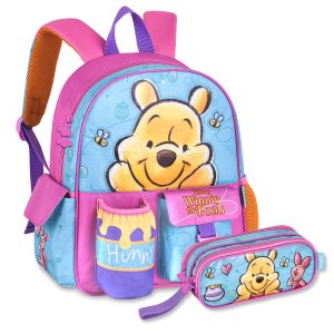 Kit Escolar Mochila Costas com Estojo Duplo Ursinho Pooh
