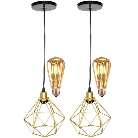 2 Pendentes Aramado Diamante Luminária Lustre Retrô Balcão Dourado + 2 Lâmpada Led ST64 Vintage