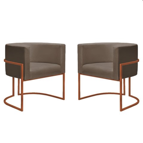 Kit 2 Poltronas Reforçada Decorativa Sala Nayara Base Ferro Bronze Suede Capuccino
