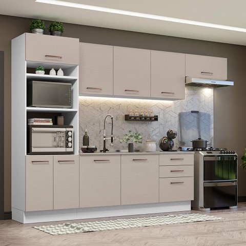 Armário de Cozinha Completa 330cm Branco/crema Agata Madesa 01