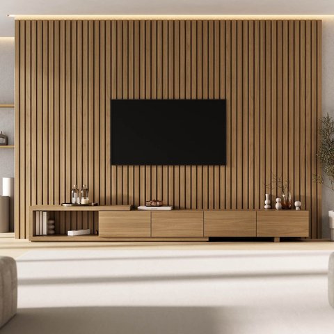 Rack Extensível com Painel Ripado TV 86 Polegadas Planejado 320x250cm Aruá CabeCasa MadeiraOriginals