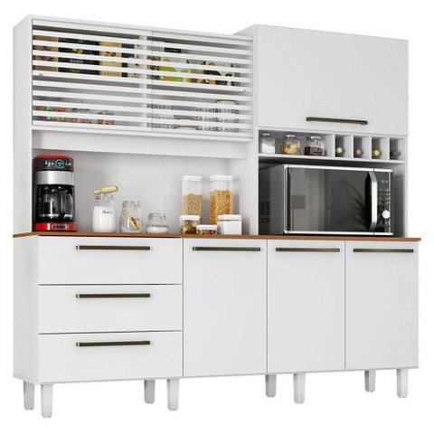 Armário para Cozinha Kit Mega 6 Portas 3 Gavetas 207,4cm Branco Fosco Brilho Zanzini Móveis