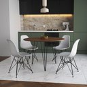 Ver imagem 1 de Mesa Jantar Redonda 110Cm Amêndoa Clips 3 Pés Com 4 Cadeiras Brancas Ferro Preto - Cor: Amendoa