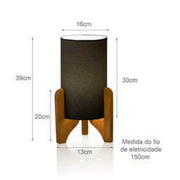 Abajur Luminária de Mesa Tecido Linho Cor Preto Pés Madeira Fio 1,5m 127/220v - 4