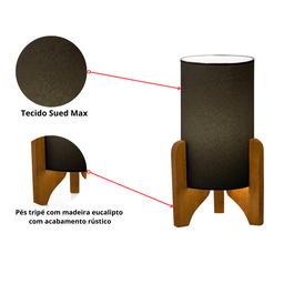 Abajur Luminária de Mesa Tecido Linho Cor Preto Pés Madeira Fio 1,5m 127/220v - 2