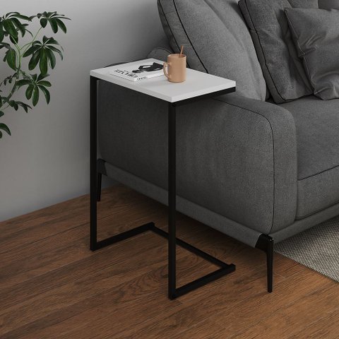 Mesa Lateral de Apoio Industrial Sofá Charmme Ferro Preto e Tampo Branco