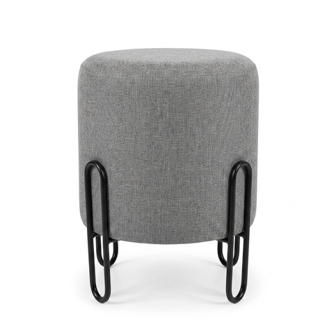 Puff Banqueta Decorativo com Base de Metal Ferro e Tecido em Linho - Cinza/Preto