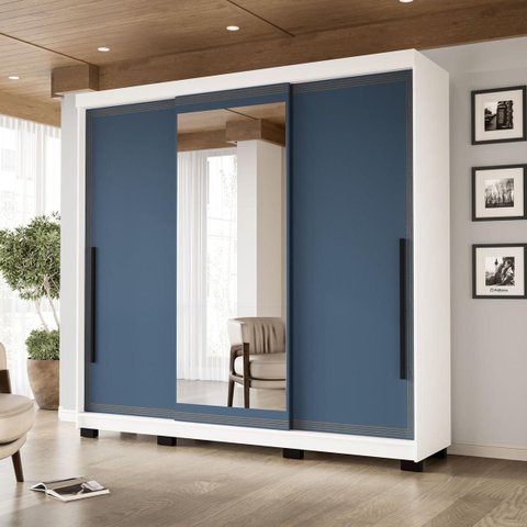 Roupeiro Valência 3 Portas Correr com Espelho 217x213cm Branco/Azul 240854