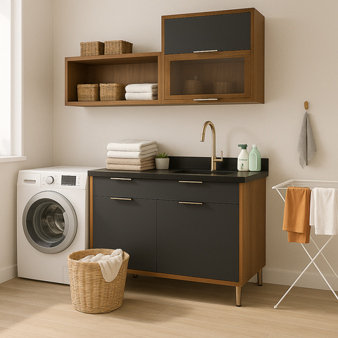 Conjunto Armários Modular para Lavanderia Balcão 120cm + Aéreos 160cm Armazenamento Mdf Multiuso:gra